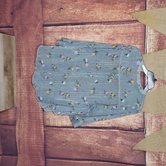 LIKE NEW TORRID HARPER SPARKLY GREEN FLORAL BUTTON UP STRIPE BLOUSE - Picture 8 of 11